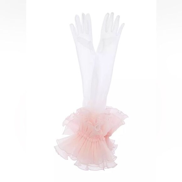 Sleeper Zephyr Ruffle Long Gloves Sheer  White Pink Rose All One Size - Picture 5 of 6